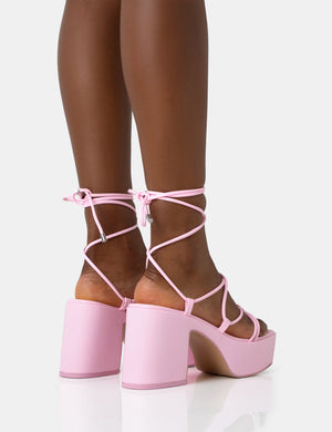 Darcy Baby Pink Strappy Lace Up Square Toe Mid Flatform Heels