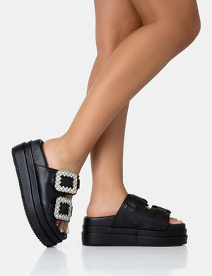 Lozzy Black Pu Diamante Buckle Double Strap Platform Slider Sandals