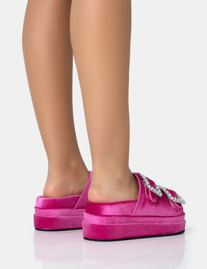 Lozzy Pink Velvet Diamante Buckle Double Strap Platform Slider Sandals