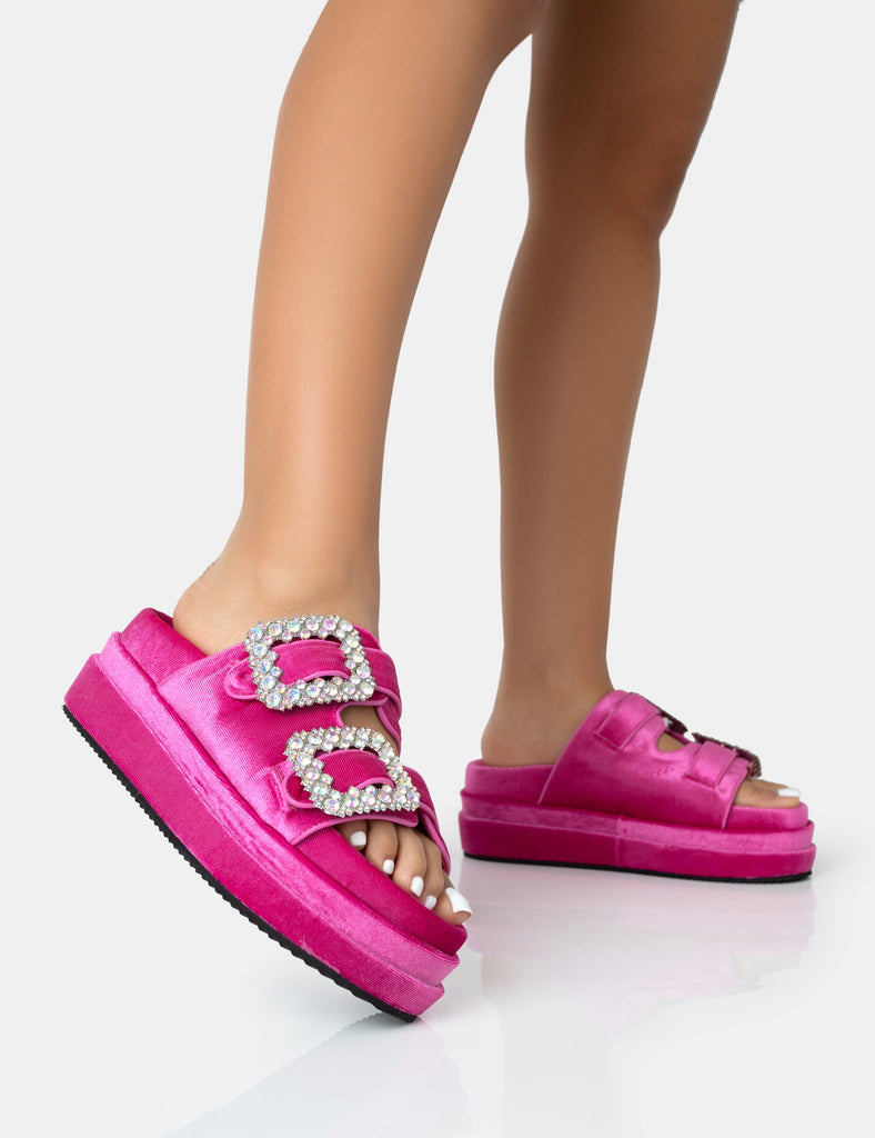 Lozzy Pink Velvet Dianabte Buckle Double Strap Platform Slider Sandals