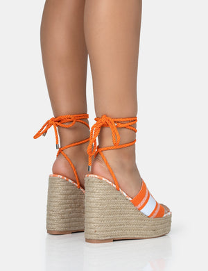 Take Off Orange Embroidered Portofino Lace Up Raffia Square Toe Wedge Heels