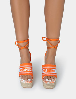 Take Off Orange Embroidered Portofino Lace Up Raffia Square Toe Wedge Heels