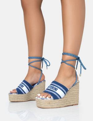 Take Off Navy Embroidered Santorini Lace Up Raffia Square Toe Wedge Heels