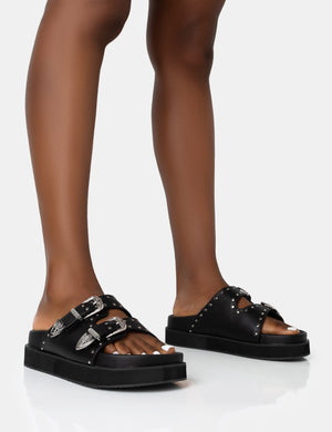Frontier Black Pu Western Style Double Strap Slider Sandals
