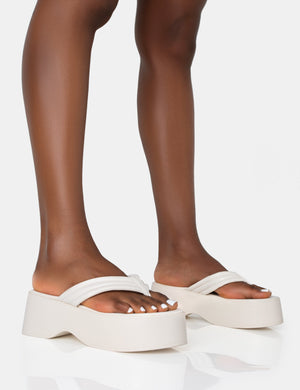 Kiko Ecru Padded Flip Flop Strap Platform Sandals
