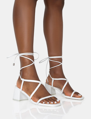 Mabel White Pu Ankle Tie Mid Block Heeled Sandals