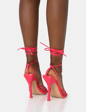 Aspen Hot Pink Knot Strap Lace Up Square Toe Stiletto Heels