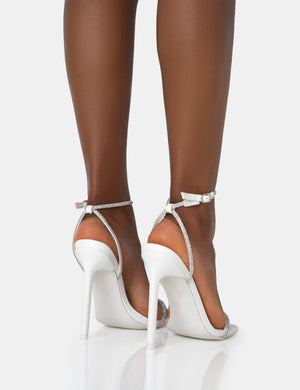 Evan White PU Diamante Barely There Square Toe Stiletto Heels