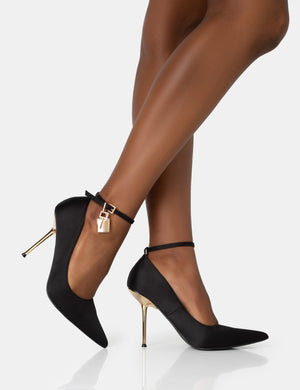 Lotty Black Satin Padlock Ankle Detail Pointed Court Stiletto Heels