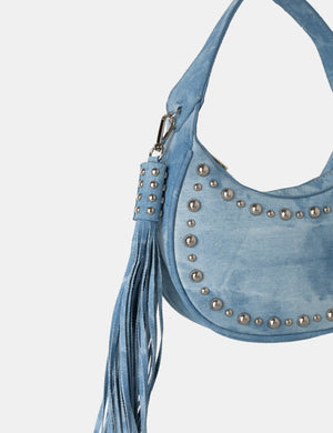 The Cato Washed Blue Denim Bleached Studded Tassel Boho Shoulder Bag