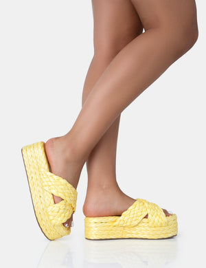 Kos Yellow Raffia Cross Over Strap Slip On Flatform Sandals