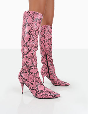 Nicole Pink Snakeskin Slouch Knee High Boots