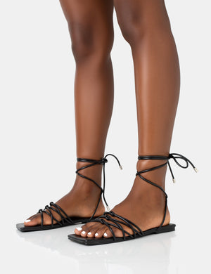 Kelly Black PU Lace Up Flat Square Toe Sandals