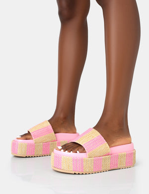 Seashore Pink Stripe Raffia Slider Flatform Sandals