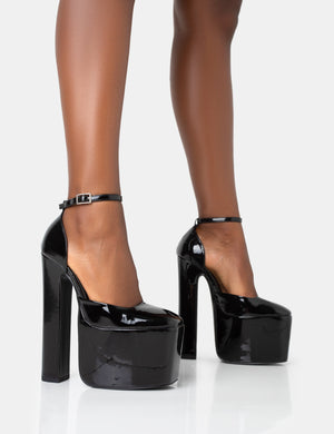 Formation Black Patent Padlock Detail Chunky Square Peep Toe Platform Heels