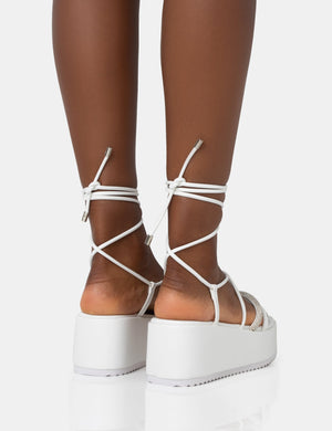 Malia White PU Diamante Strap Lace Up Chunky Platform Sandals
