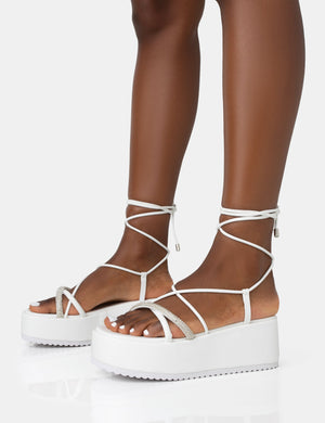 Malia White PU Diamante Strap Lace Up Chunky Platform Sandals