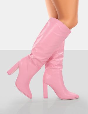 Far Away Pink Grain PU Square Toe Knee High Boots