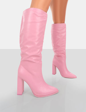 Far Away Pink Grain PU Square Toe Knee High Boots