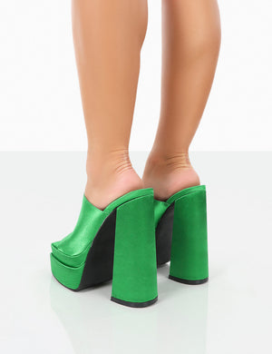 Skyhigh Green Satin Chunky Platform High Heeled Mules