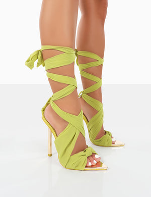 Huni Green Chiffon Ribbon Tie Up Gold Stiletto Heels