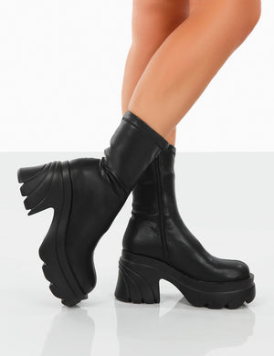Jennie Black Drench PU Chunky Sole Heeled Ankle Boots