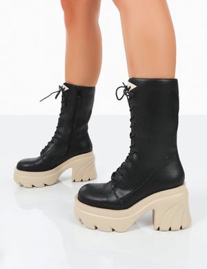 Ever Black Beige Laced Chunky Sole Ankle Boots