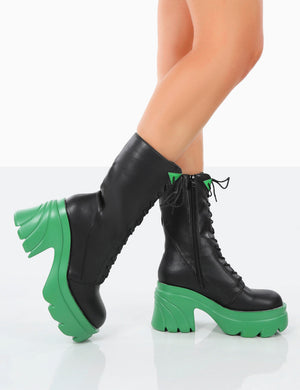 Ever Black Green Laced Chunky Green Sole Ankle Boots