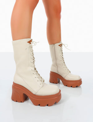 Ever Beige Laced Chunky Sole Ankle Boots