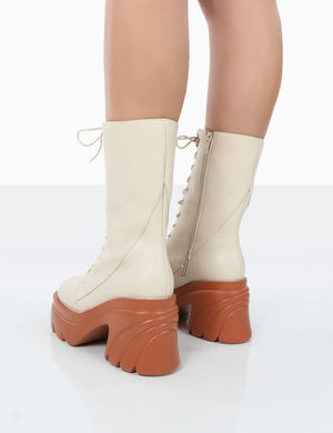 Ever Beige Laced Chunky Sole Ankle Boots