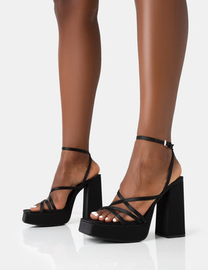 Fate Black Satin Strappy Wrap Around The Ankle Platfrom Block Heels
