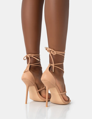 Leilani Natural Nude Pu Strappy Lace Up Square Toe Stiletto Heels