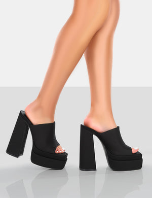 Skyhigh Black Satin Chunky Platform High Heeled Mules