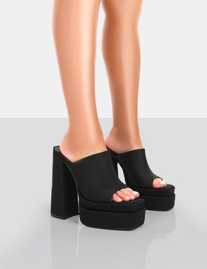 Skyhigh Black Satin Chunky Platform High Heeled Mules