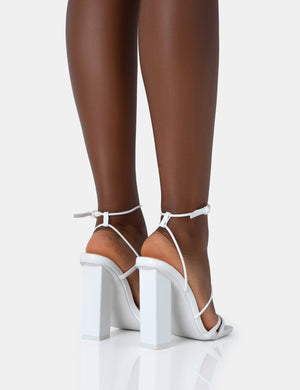 Marley White PU Strappy Barely There Square Toe Block Heels