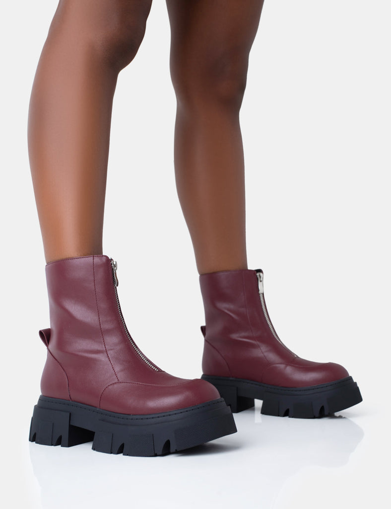 Bergan Burgundy Pu Zip Up Detailed Rounded Toe Chunky Soled Ankle Boots