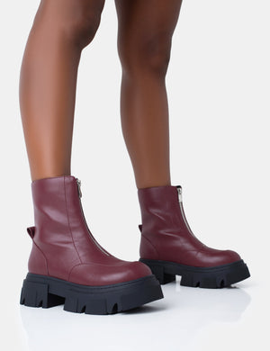 Bergen Burgundy Pu Zip Up Detailed Rounded Toe Chunky Soled Ankle Boots