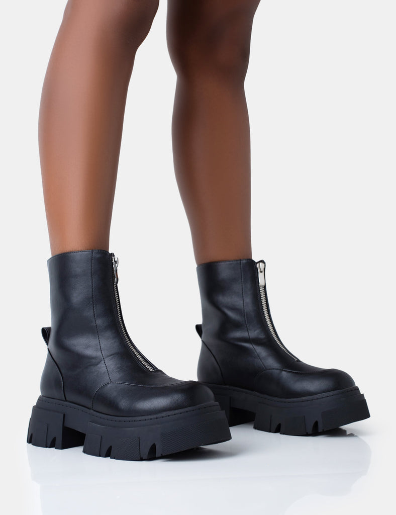 Bergan Black Pu Zip Up Detailed Rounded Toe Chunky Soled Ankle Boots