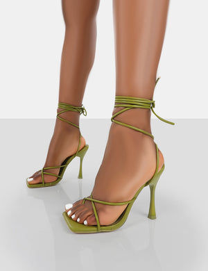 Imogen Olive Croc Square Toe Strappy Lace Up Heels