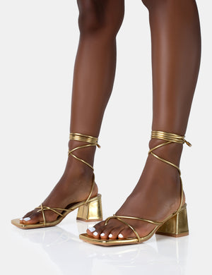 Aerin Gold Pu Lace up Strappy Square Toe Block Mid Heels