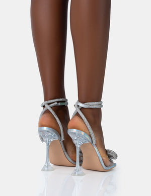 Glimmer Silver Holographic Perspex Wrap Around Diamante Bow Square Toe Heels