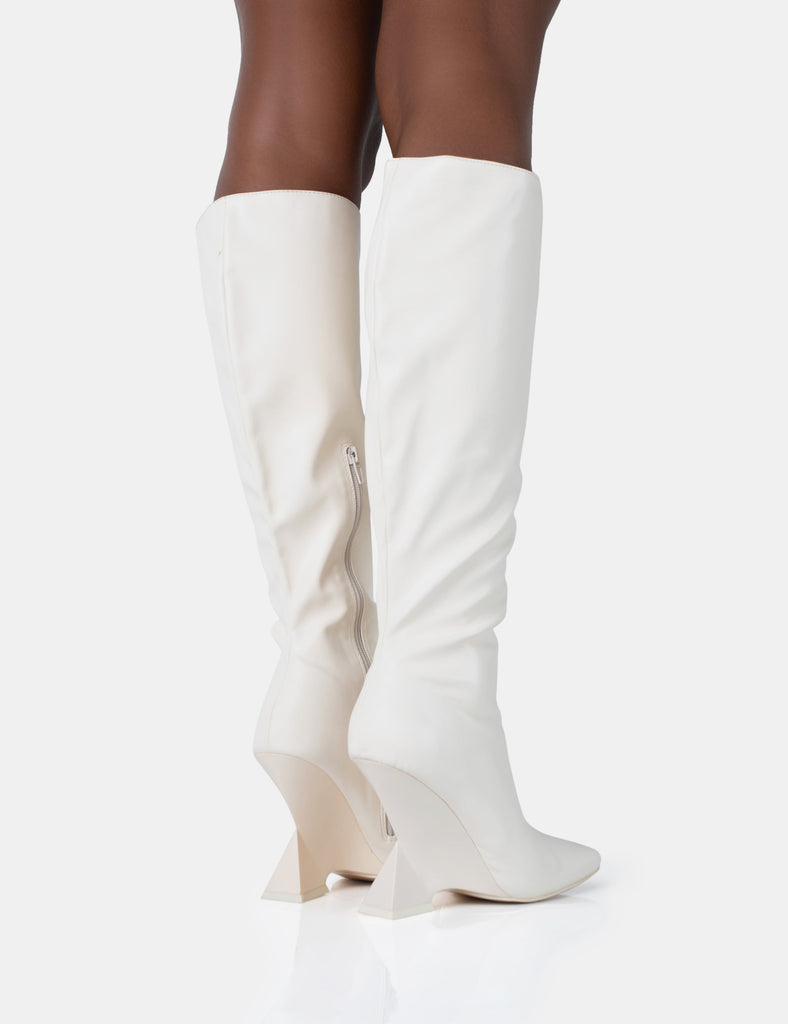 Decware Inverted Wedge Vanessa Ecru PU Inverted Wedge Square Toe Heeled Knee High Boots