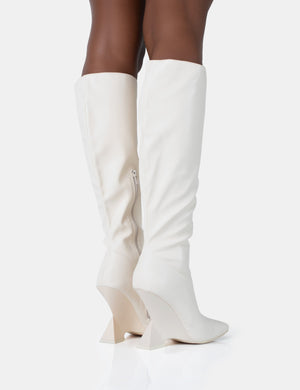 Vanessa Ecru PU Inverted Wedge Square Toe Heeled Knee High Boots
