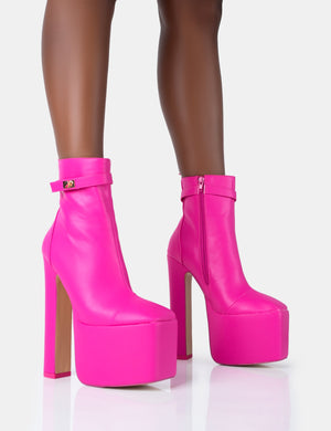 Vally Hot Pink PU Extreme Platform Square Rounded Toe Block Heeled Ankle Boots