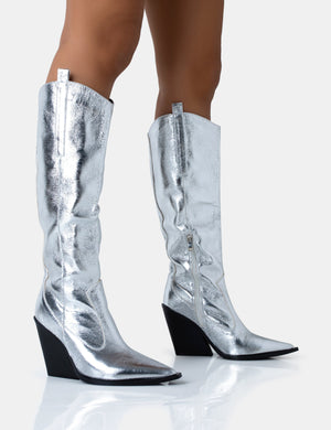Navada Silver Metallic Western Cowboy Pointed Toe Block Heel Knee High Boots