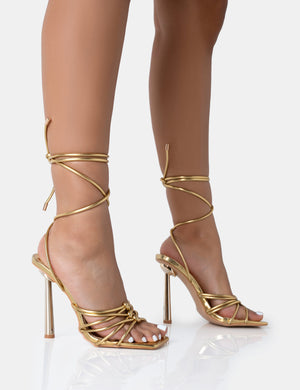 Glow Up Gold PU Knotted Strappy Lace Up Square Toe Stiletto Heels