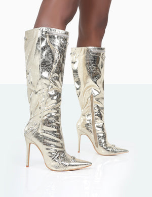 Davina Gold Croc PU Pointed Toe Zip Detail Knee High Boots