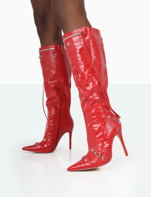 Davina Red Patent Croc Pointed Toe Zip Detail Knee High Boots