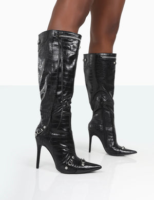 Davina Black Croc Pointed Toe Zip Detail Knee High Boots