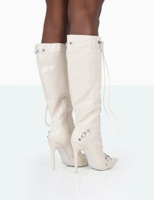 Davina Ecru Croc Pointed Toe Zip Detail Knee High Boots